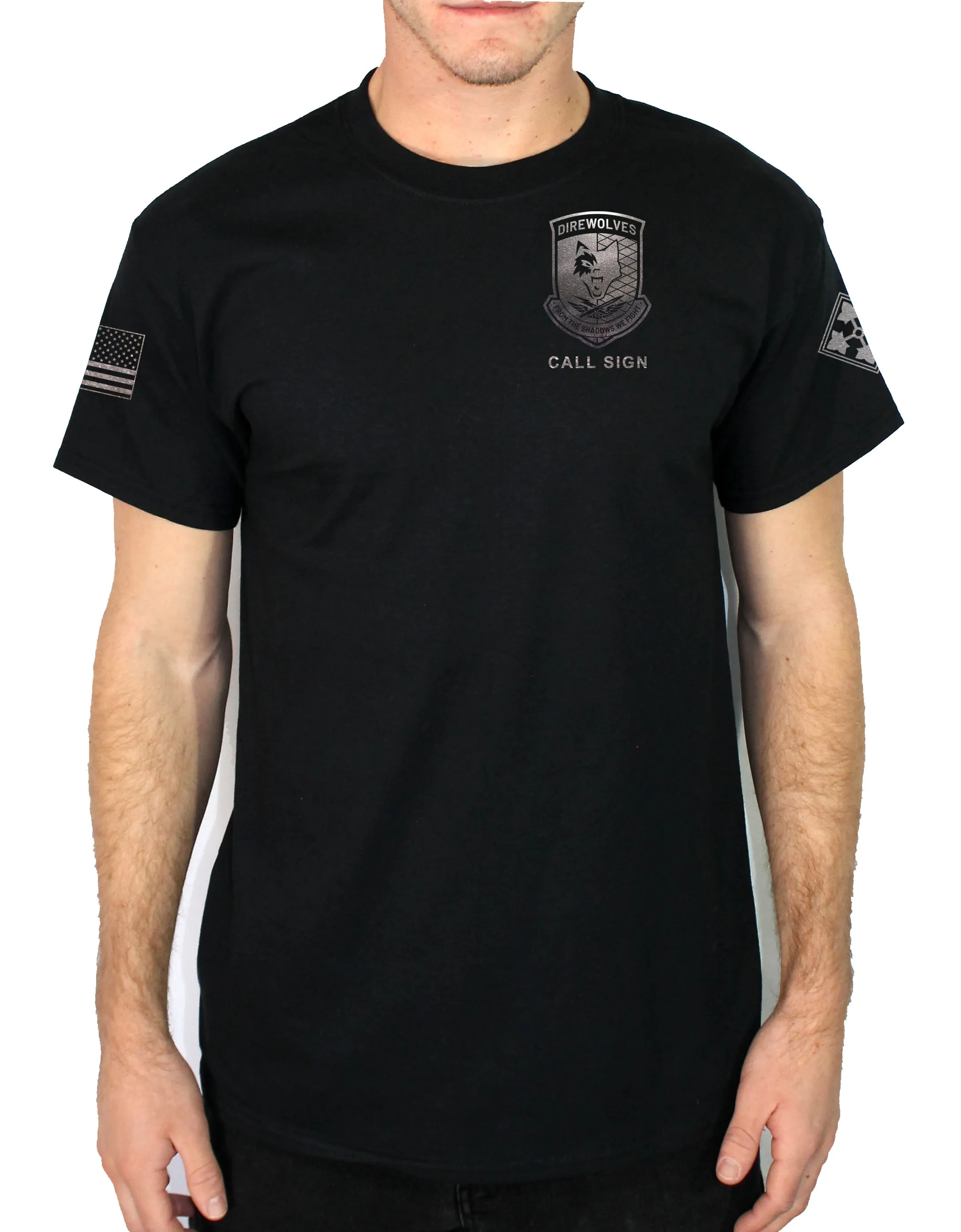 50-50 Blend Black Unisex PT Short Sleeve Shirt. Black on Black Design. Approved for PT