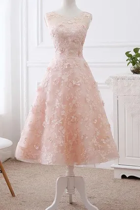 A line Pink Lace Appliques Cap Sleeve Scoop Homecoming Dresses Short Prom Dress