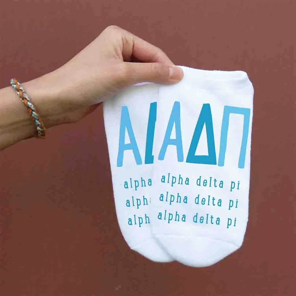 Alpha Delta Pi Sorority Socks with Large Greek Letters, Sorority Letters Printed on No Show Socks