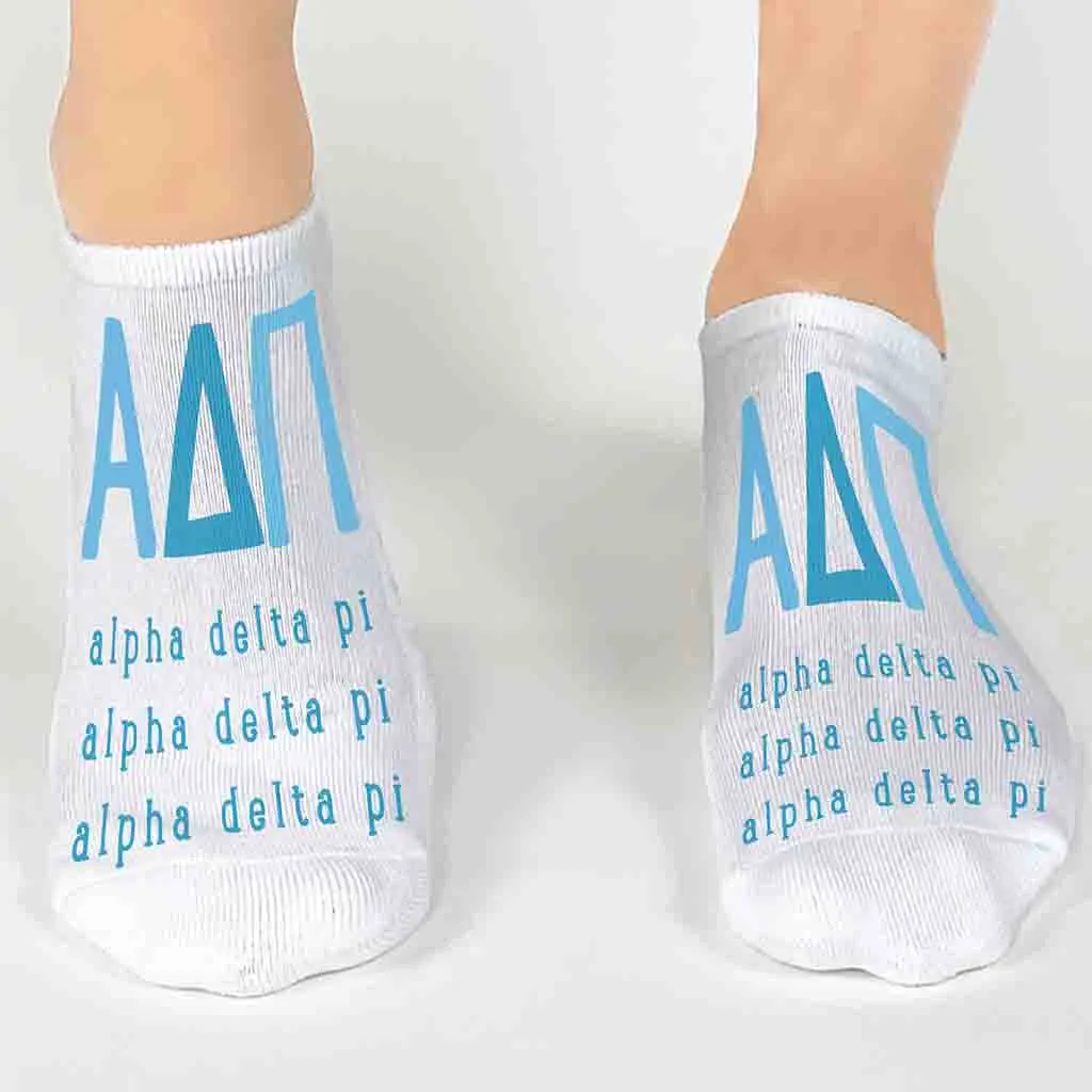 Alpha Delta Pi Sorority Socks with Large Greek Letters, Sorority Letters Printed on No Show Socks