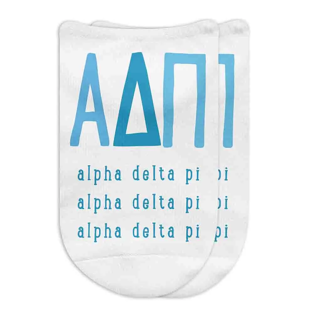 Alpha Delta Pi Sorority Socks with Large Greek Letters, Sorority Letters Printed on No Show Socks