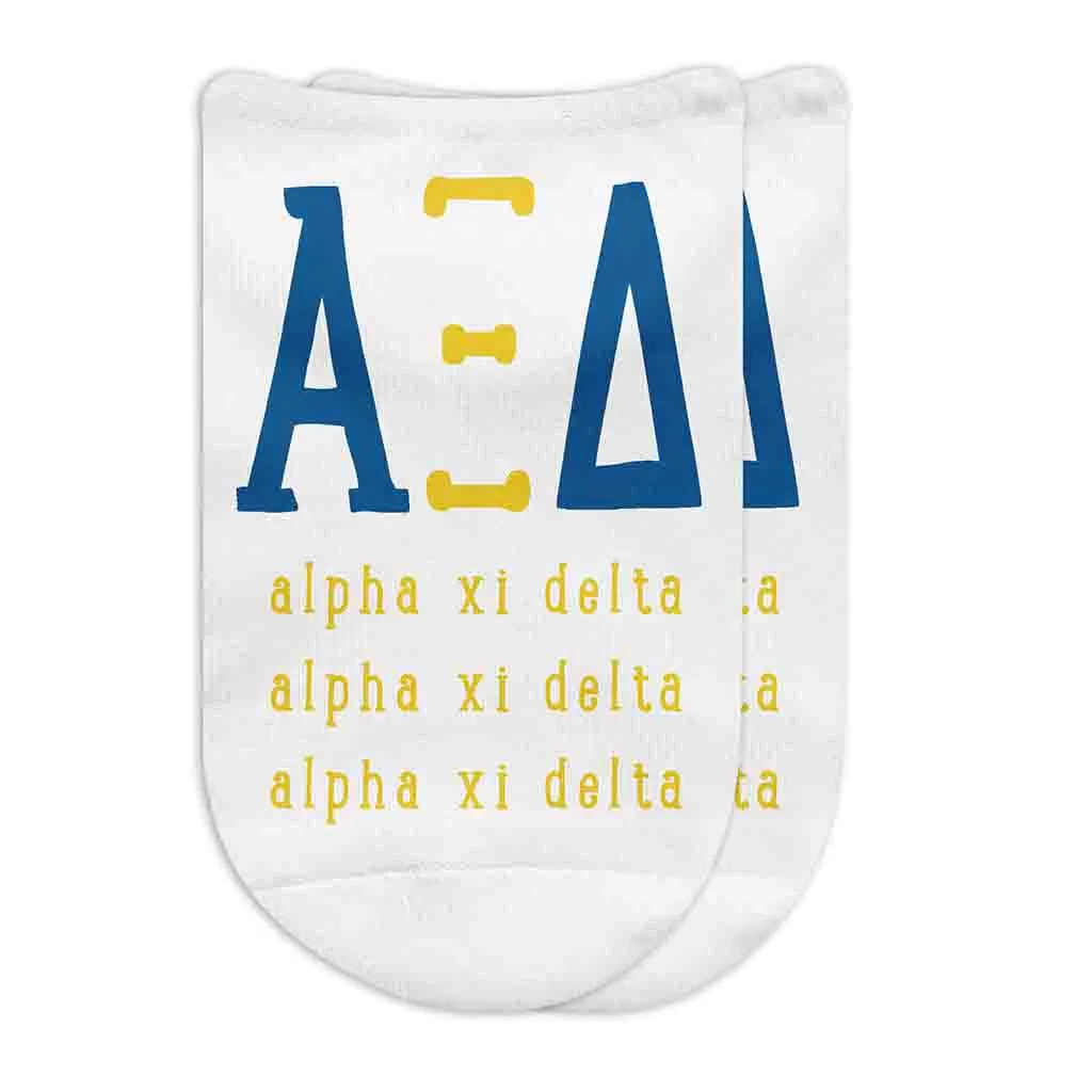 Alpha Xi Delta Sorority Socks with Large Greek Letters, Printed on No Show Socks