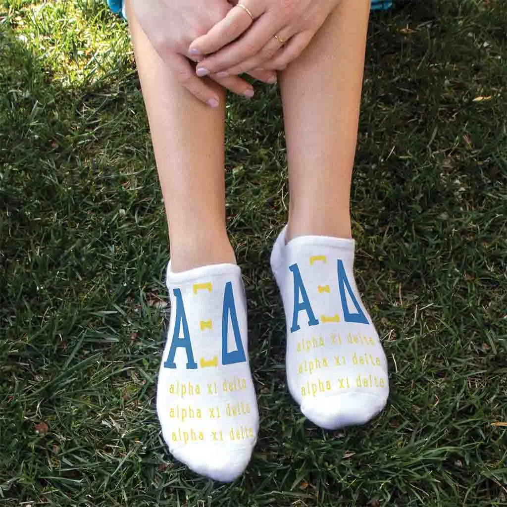 Alpha Xi Delta Sorority Socks with Large Greek Letters, Printed on No Show Socks