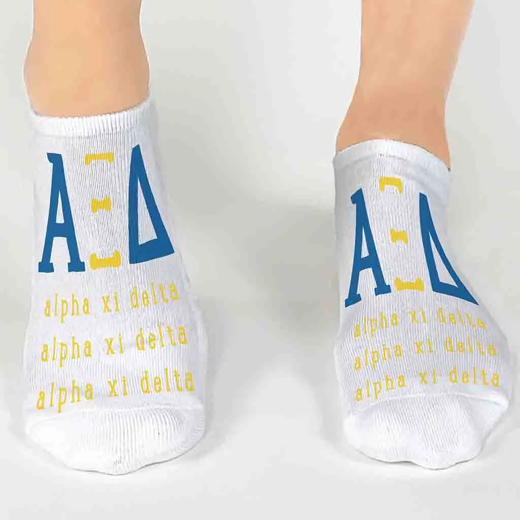 Alpha Xi Delta Sorority Socks with Large Greek Letters, Printed on No Show Socks