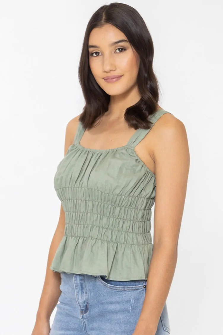 Bella Sea Green Linen Shirred Waist Tank