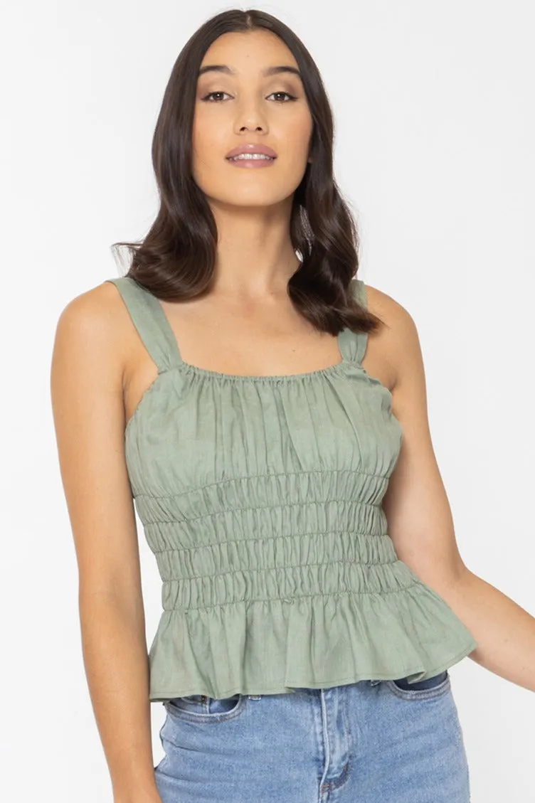 Bella Sea Green Linen Shirred Waist Tank