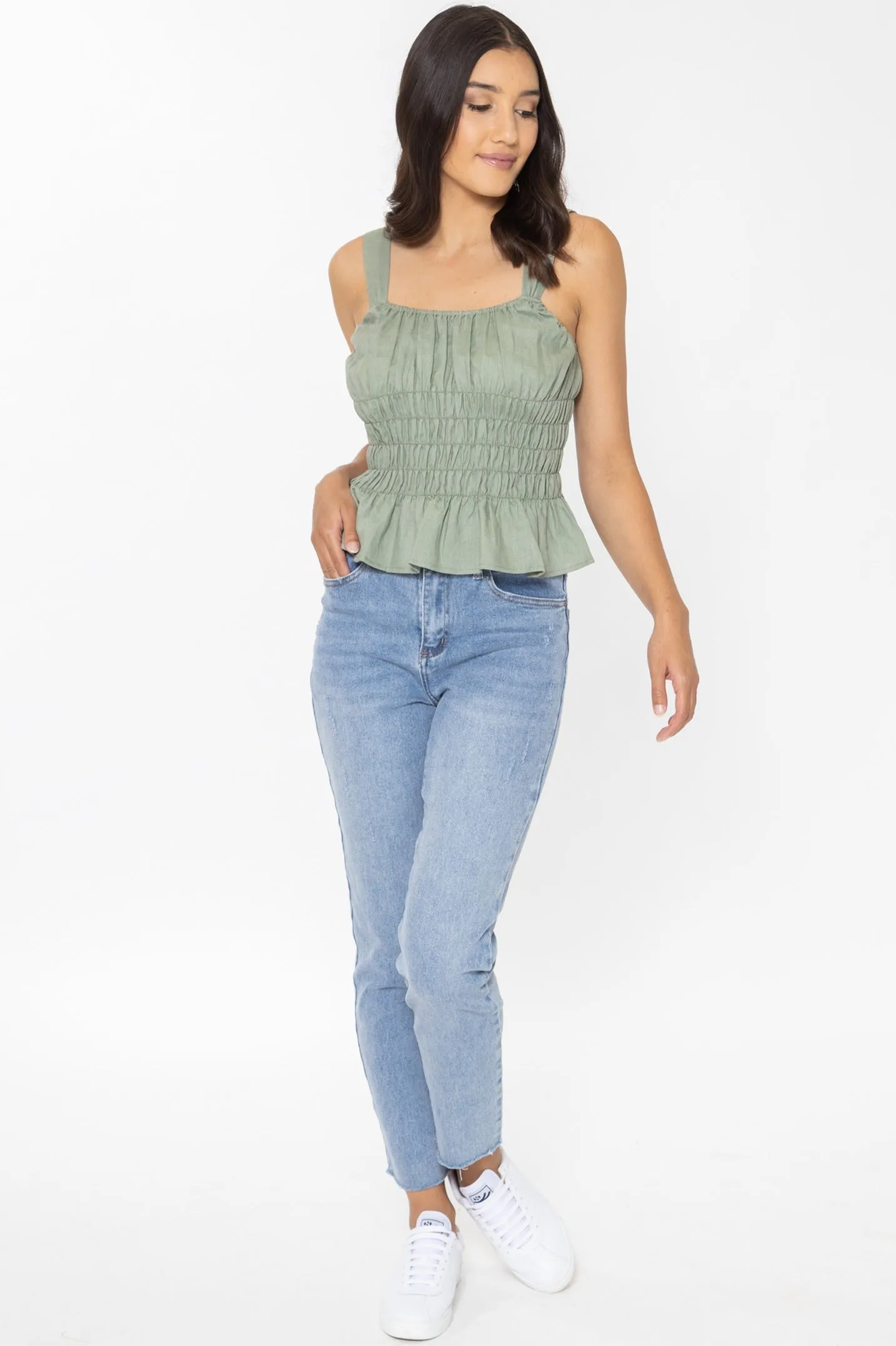 Bella Sea Green Linen Shirred Waist Tank