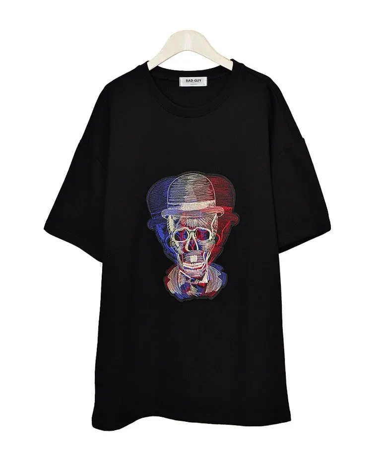 Black Fedora Skull Graphic Short Sleeved T-Shirts Mens Loose Fit Tees