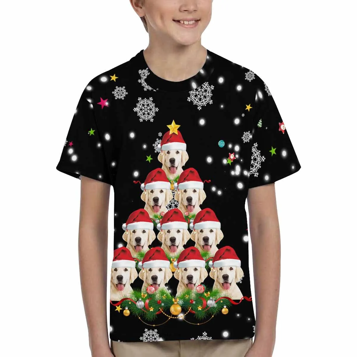 Custom Pet Face Snowflake Christmas Dog Tree Black Family Matching All Over Print T-shirt