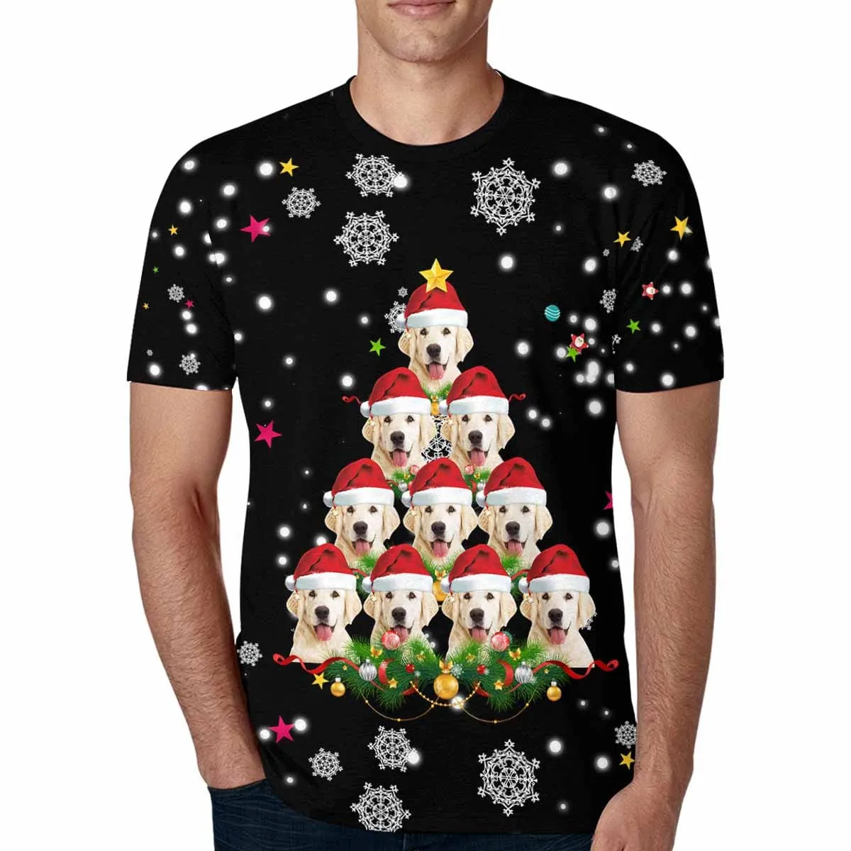 Custom Pet Face Snowflake Christmas Dog Tree Black Family Matching All Over Print T-shirt