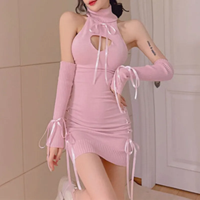 Cute Sleeveless Backless Virgin Killer Knitted Sweater Dress SP18692