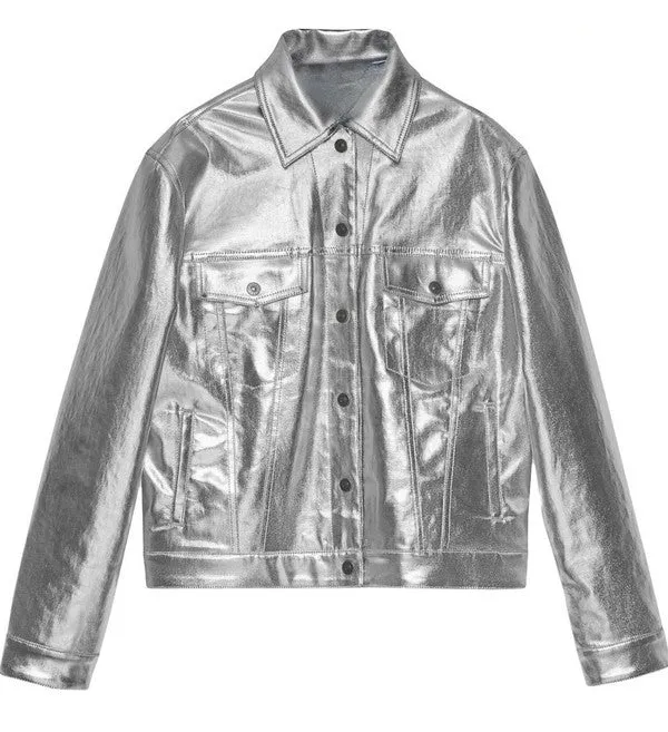 Leather Snap Front Silver Jacket