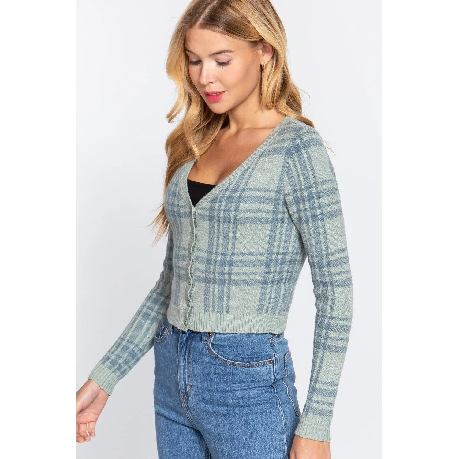 Long Sleeve V-neck Fitted Button Down Plaid Sweater Cardigan