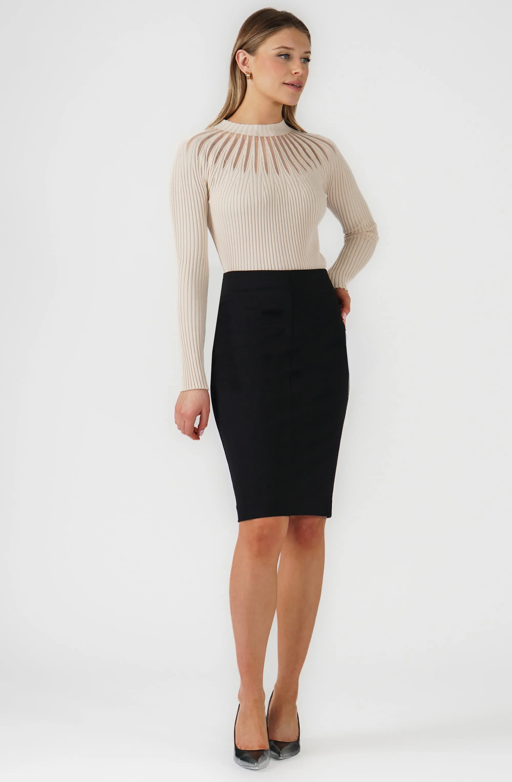 Long Sleeves Ribbed Knit with Sheer Neckline