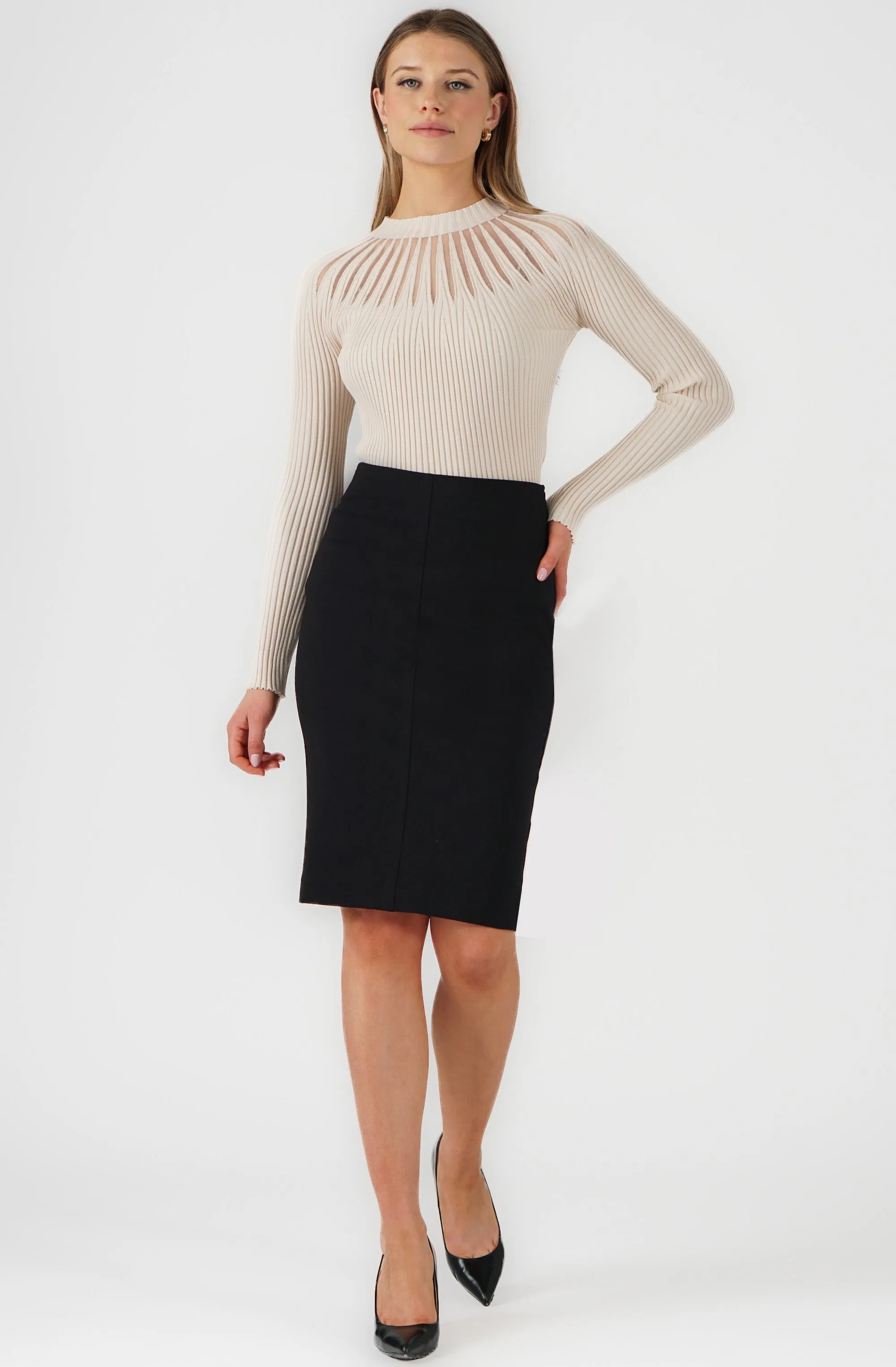 Long Sleeves Ribbed Knit with Sheer Neckline