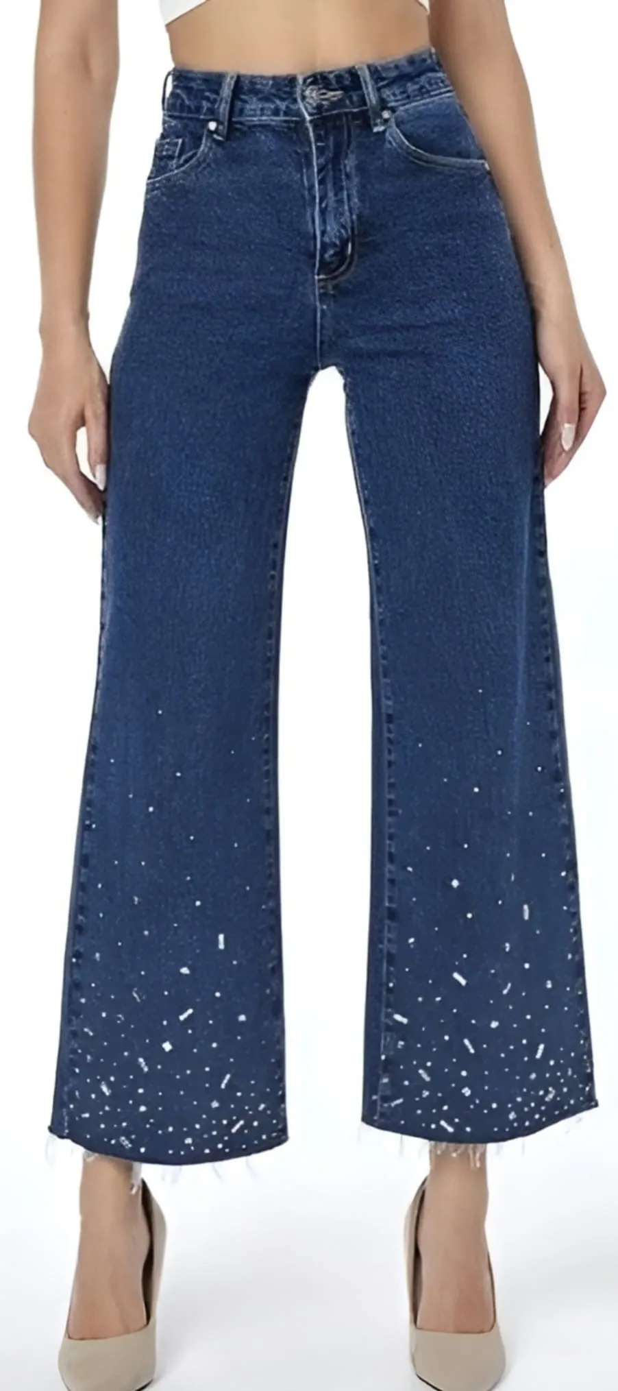 Pantalone Donna Jeans Denim Strass Tasche Bottone Casual Comodo Easy