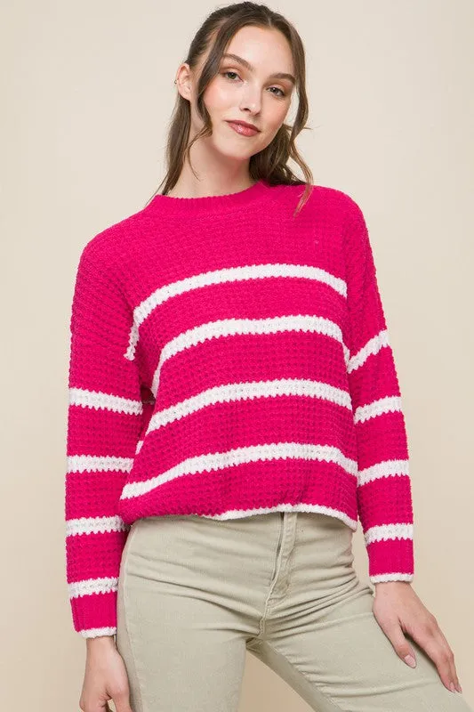 Striped Waffle Knit Long Sleeve Sweater Top