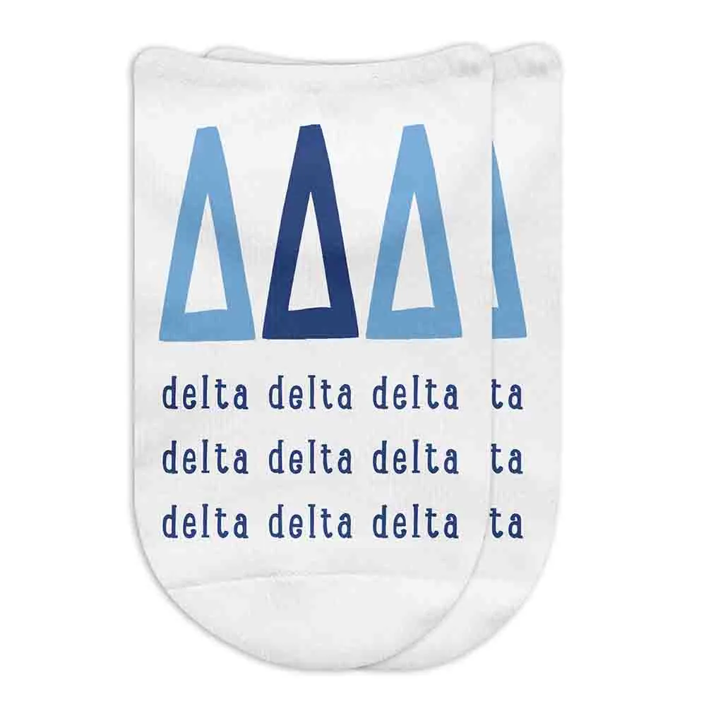 Tri Delta Sorority Socks with Large Greek Letters, Printed on No Show Socks