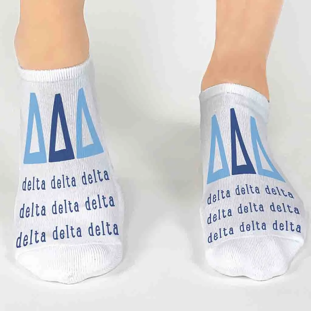 Tri Delta Sorority Socks with Large Greek Letters, Printed on No Show Socks