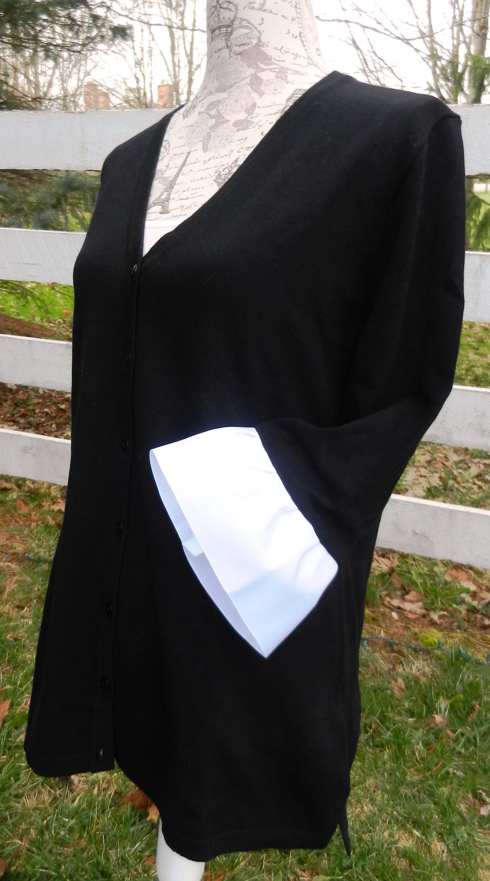 Wednesday Cardigan Black w White Grosgrain 3/4 Sleeve - (WCBlack-White)