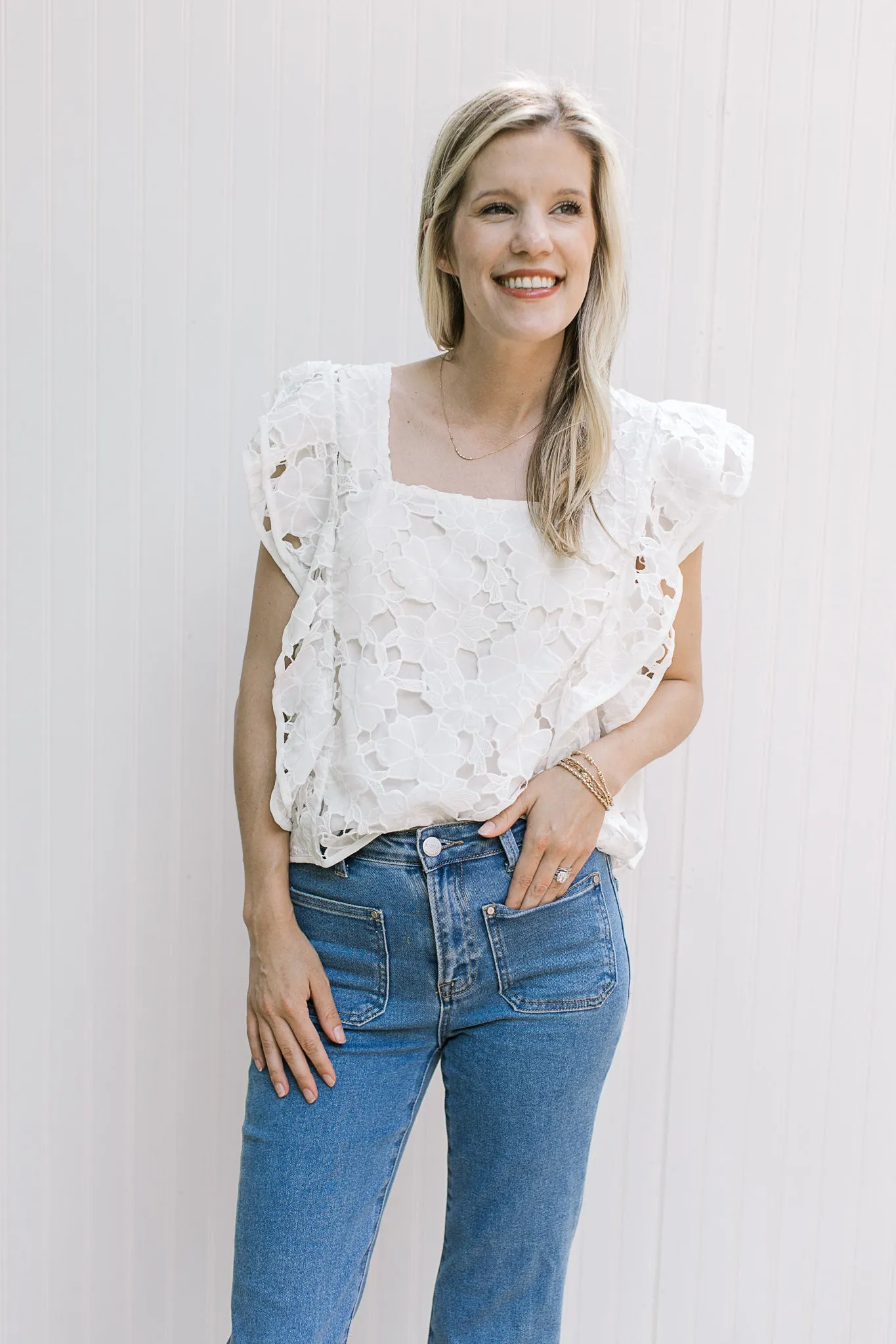 White Lace Flower Cut Out Top