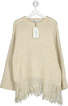 ZARA Cream Wool Fringed Sweater Ecru UK M